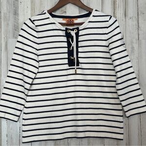 Tory Burch Navy and White Striped Long Sleeve Top M